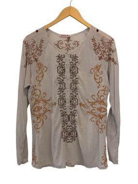 Johnny Was Taupe Long-Sleeve Embroidered Tee with Brown Accents S